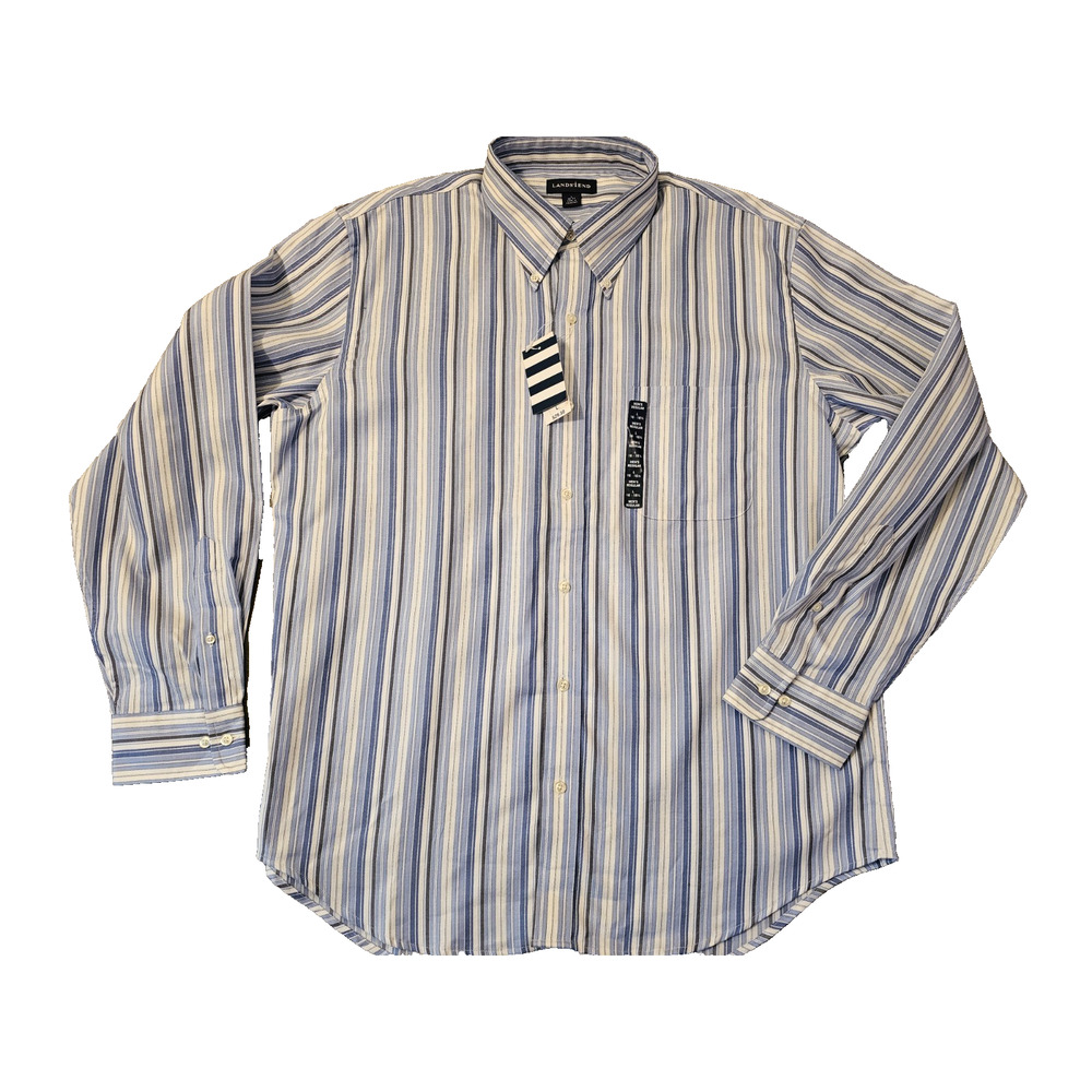 NWT Lands' End Mens Performance Dress Shirt Blue Striped Long Sleeve Button Up L